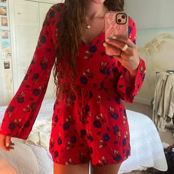 Red and Blue floral Romper - Picture 1 of 2